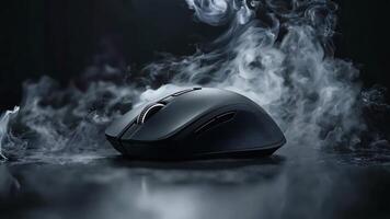 A black computer mouse sitting on top of a table covered in smoke video