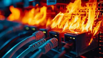 A bunch of ethernet cables on fire in a server room video