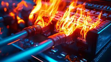 A computer motherboard with a fire coming out of it video