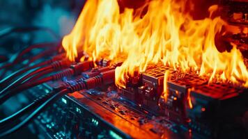 A computer motherboard on fire with wires connected to it video