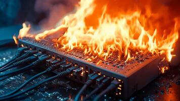 A computer motherboard on fire with many wires on it video