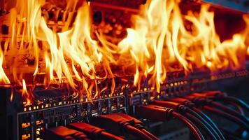 A bunch of wires that are on fire in a server room video