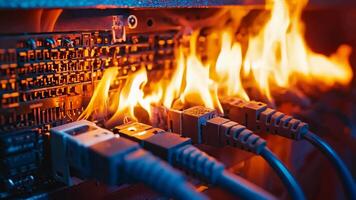 A close up of a computer motherboard with a fire in the background video