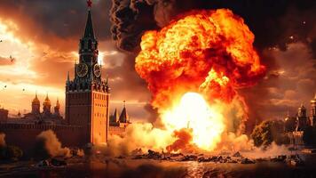 A large explosion in the middle of a city with a clock tower in the background video