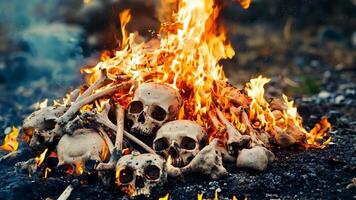 A pile of skulls and bones on fire in the middle of the ground video