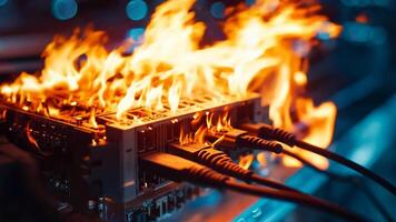 A computer motherboard on fire with ethernet cables on it video
