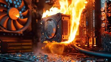 A computer motherboard with a fan on fire in the middle of it video