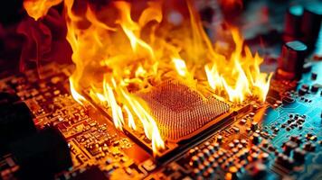 uma computador placa mãe em fogo com uma o circuito borda dentro a fundo video