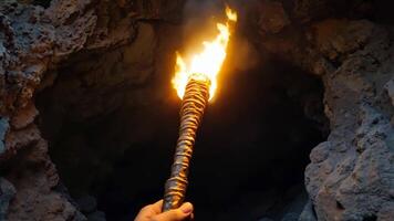 A person holding a torch in front of a cave video