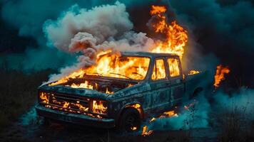 A burnt out truck on fire in the middle of a field video