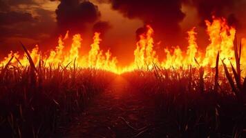 A field of corn on fire with a path leading to the horizon video