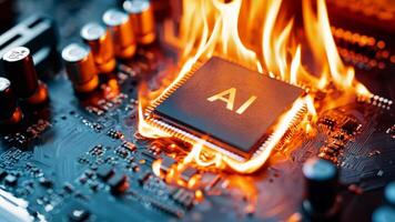 uma computador lasca em fogo em topo do uma o circuito borda video