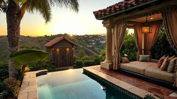 A pool with a couch and a gazebo next to a swimming pool video
