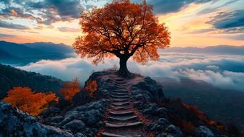 A lone tree on top of a mountain with stairs leading up to it video