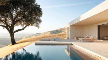 A large tree sitting next to a swimming pool in a house video