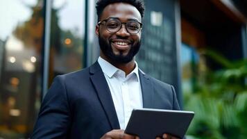 A man in a suit and glasses holding a tablet computer video