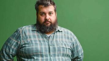 A man with a beard standing in front of a green background video