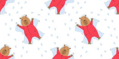 Seamless pattern with capybara making snow angels. vector