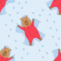 Capybara making snow angels seamless pattern vector