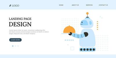 Concept of funny robot waiter landing page vector