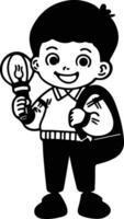 A boy holding a light bulb and a backpack vector