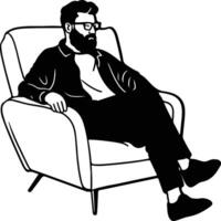 A black and white illustration of a man sitting in a chair vector