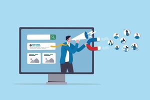 Lead generation, marketing campaign to attract client, customer or user to visit website, SEO strategy or traffic, online media advertising concept, marketing businessman draw customer to website. vector
