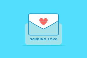 Sending Love text with envelope and heart illustration on blue background. Flat design for greeting or love message vector