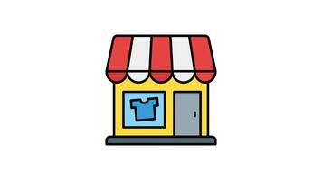 Animated storefront with red and white awning, shirt window, door. Perfect for ecommerce, showcasing vibrant and inviting storefronts in urban settings video