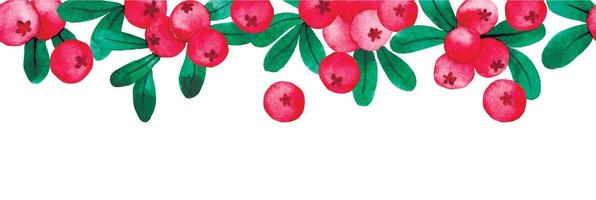 watercolor seamless border with cranberries. illustration in simple style, wild berry leaves and berries vector