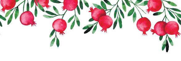 watercolor seamless border with pomegranate fruit. simple style, frame of pomegranate fruits, leaves and branches. vector