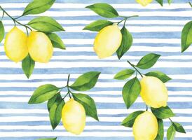 watercolor seamless pattern with yellow lemons on a blue background with stripes. simple print vector