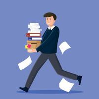 Office worker running with a pile of documents. vector