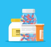 Pills in jars on a blue background. Set of medicines. vector