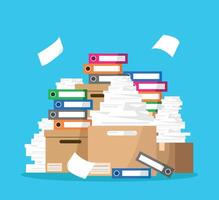 Stack of documents in boxes and folders. Large amount of work. vector