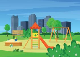 City park with playground, trees, skyscrapers in the background. vector