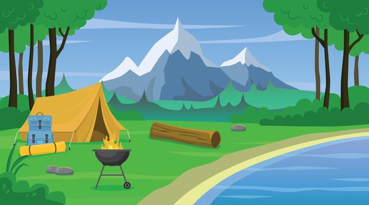 Camping in nature near a pond.
