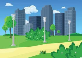City park with modern street lighting and a pedestrian path. vector