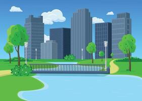 Panoramic view of the city park with a pond. vector