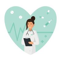 Doctor with stethoscope and tablet on the background of heart. vector