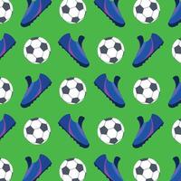 Pattern with soccer balls and boots on a green background. vector