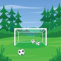 Football field in the forest with goal and a balls. vector