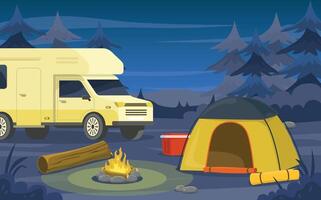 Camping at night in nature with a trailer. Rest in the forest with a tent. vector