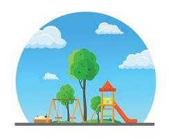 Cartoon playground for children with slide, swing and sandbox against blue sky background. vector