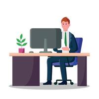 Businessman or office worker sitting at table in front of computer. vector
