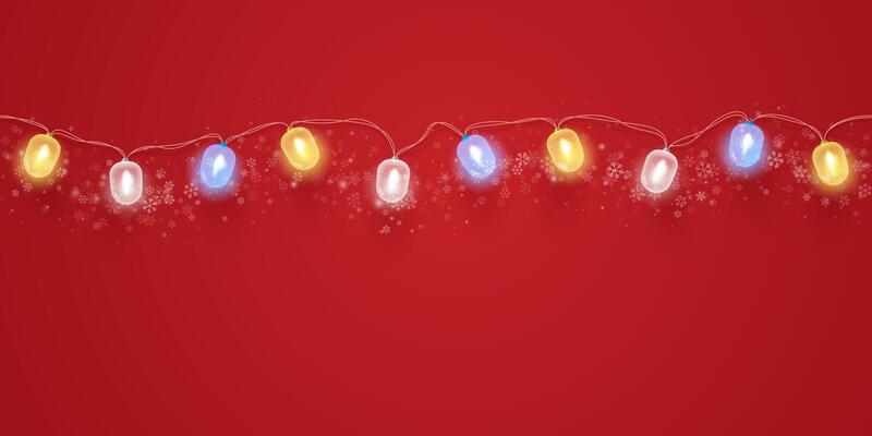 Bright multicolored light garlands realistic Christmas decorations isolated on red background. Light bulbs on ribbon among snowflakes.