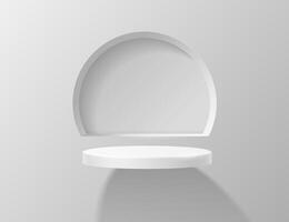 Empty podium against the background of a round niche in the wall, a pedestal levitating in space, a round platform showcase or stand in a minimalist style. vector
