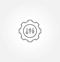 a simple line drawing of a gear with three vertical sliders inside the gear. The gear symbolizes settings or configuration, while the sliders represent adjustments or control options vector