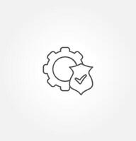 simple line drawing of a gear and a shield with a checkmark inside the shield. The gear represents settings or mechanisms, while the shield with a checkmark symbolizes security or protection. vector