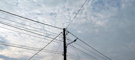A power line with wires and a sky background photo